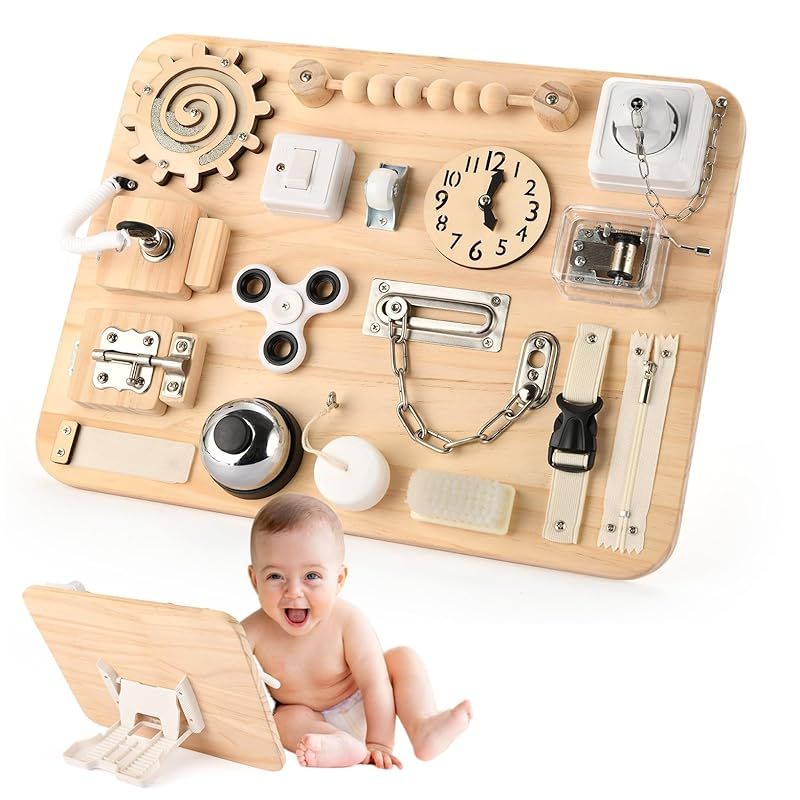 Potatomato モンテッソーリ ビジーボード 木製感覚おもちゃ1 2 3 4歳 誕生日プレゼント 男女共用 指先の知育 早期開発 知育玩具 自閉症療育 指先トレーニング プレゼント ADHD 紐通し 幼児 赤ちゃん