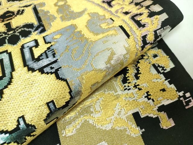 平和屋本店■最高級　龍村平蔵製　六通柄　本袋帯　円文白虎錦　黒地　金銀糸　逸品　DZAA5827kh5 平和屋本店□最高級 龍村平蔵製 六通柄 本袋帯 円文白虎錦 黒地 金銀糸