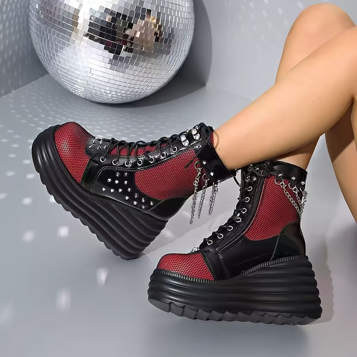 ショートブーツ 厚底ブーツ レディース 厚底 靴 きれいめ ブーツ レースアップ ヒール 編み上げブーツ チェーン付き メッシュ カジュアル 美脚 おしゃれ 春 秋 冬 パンク系 地雷系 ゴスロリ 個性的 ゴシック