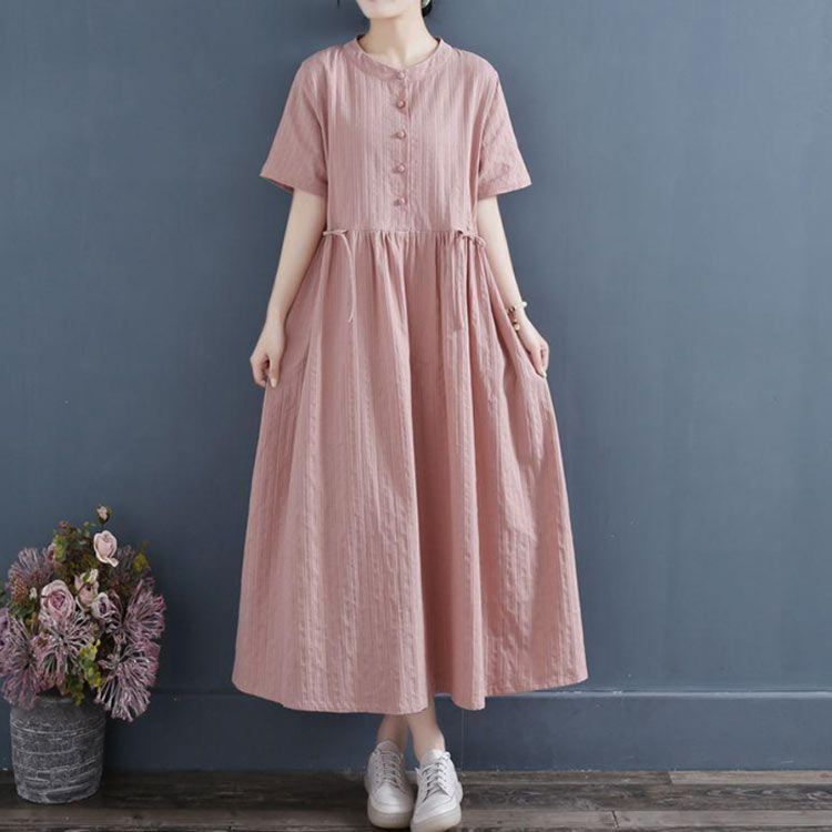 ワンピース 半袖 上品 ロング丈 韓国 綿麻コットンリネン ロング丈ワンピース リネンワンピース ワンピース リネン 半袖