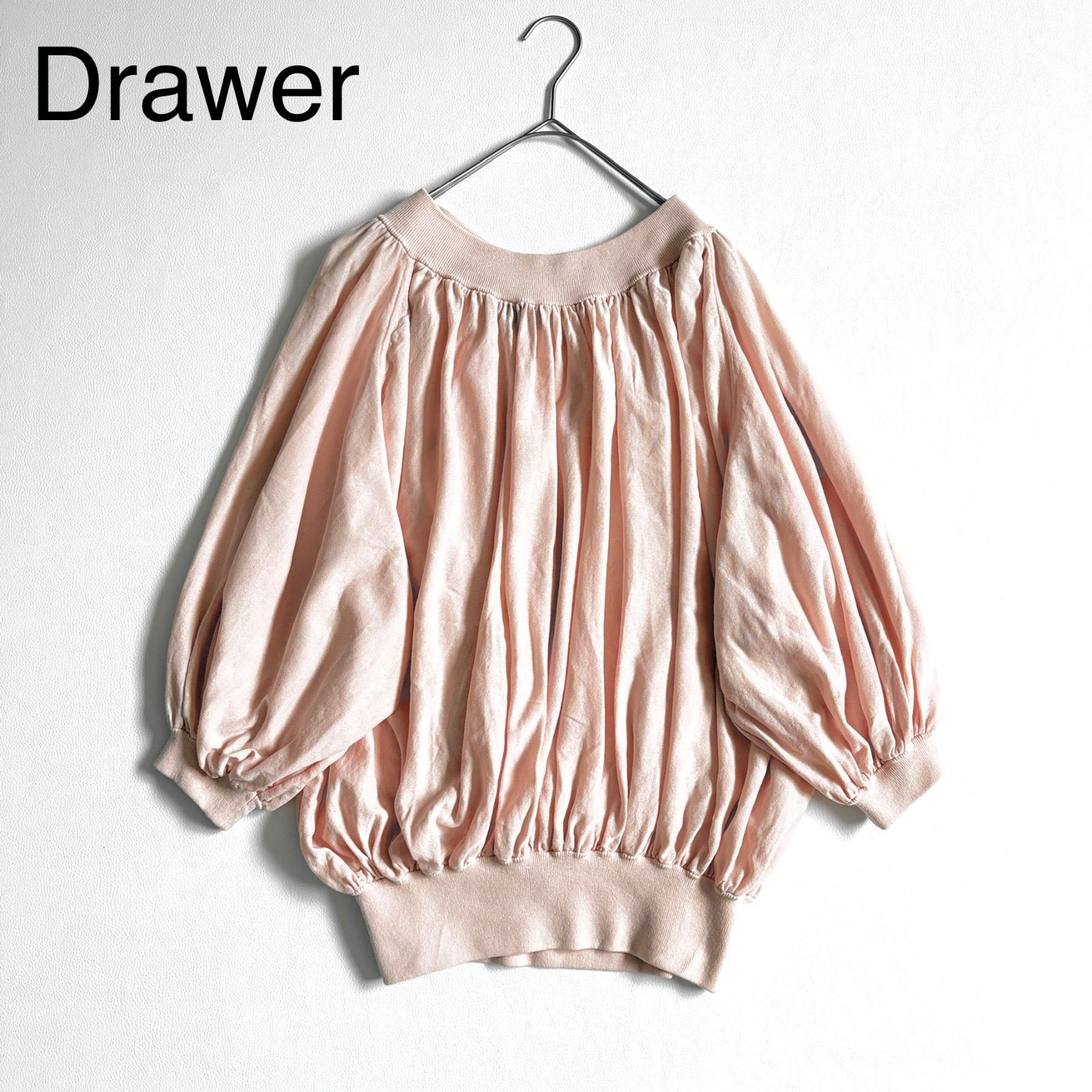 Drawer 16G天竺 ギャザープルオーバーニット ピンク 薄手 長袖トップス