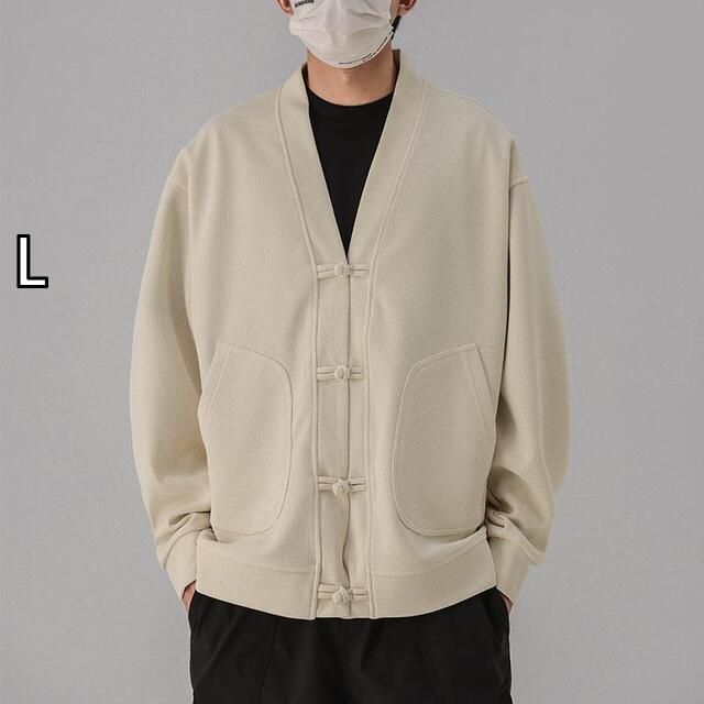 L 秋冬 コーデ メンズ 服 シンプル ファッション オシャレ 大人 かっこいい 大きいサイズ ストリート 紳士服 ワッフル カーディガン ジャケット レトロ バックル Vネック ジャケット トップス