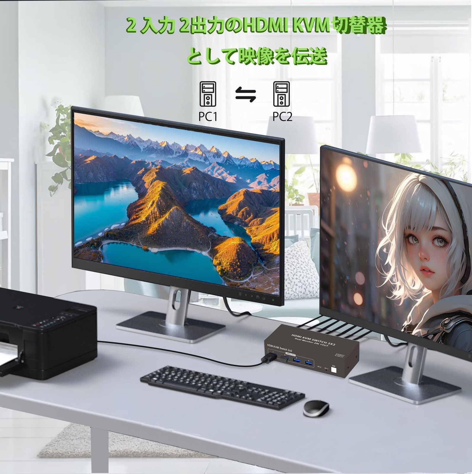 2PC 切替 2モニター 同時出力 HDMI KVM 切替器 デュアルモニター 2画面 同時 4K 60Hz デュアル ディスプレイ HDMI 切替器 4つUSB3.0 ハブ付き KVM スイッチャー キーボード マウス プリンター スキャナー共有 デ CHRISTIANNAURATH_COM_BR