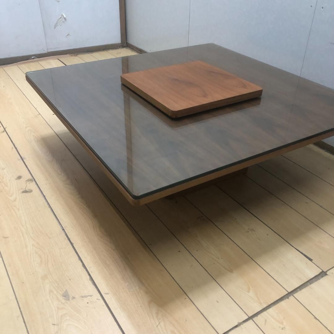 木製 ローテーブル 100×100×33cm 強化ガラス天板付 センター