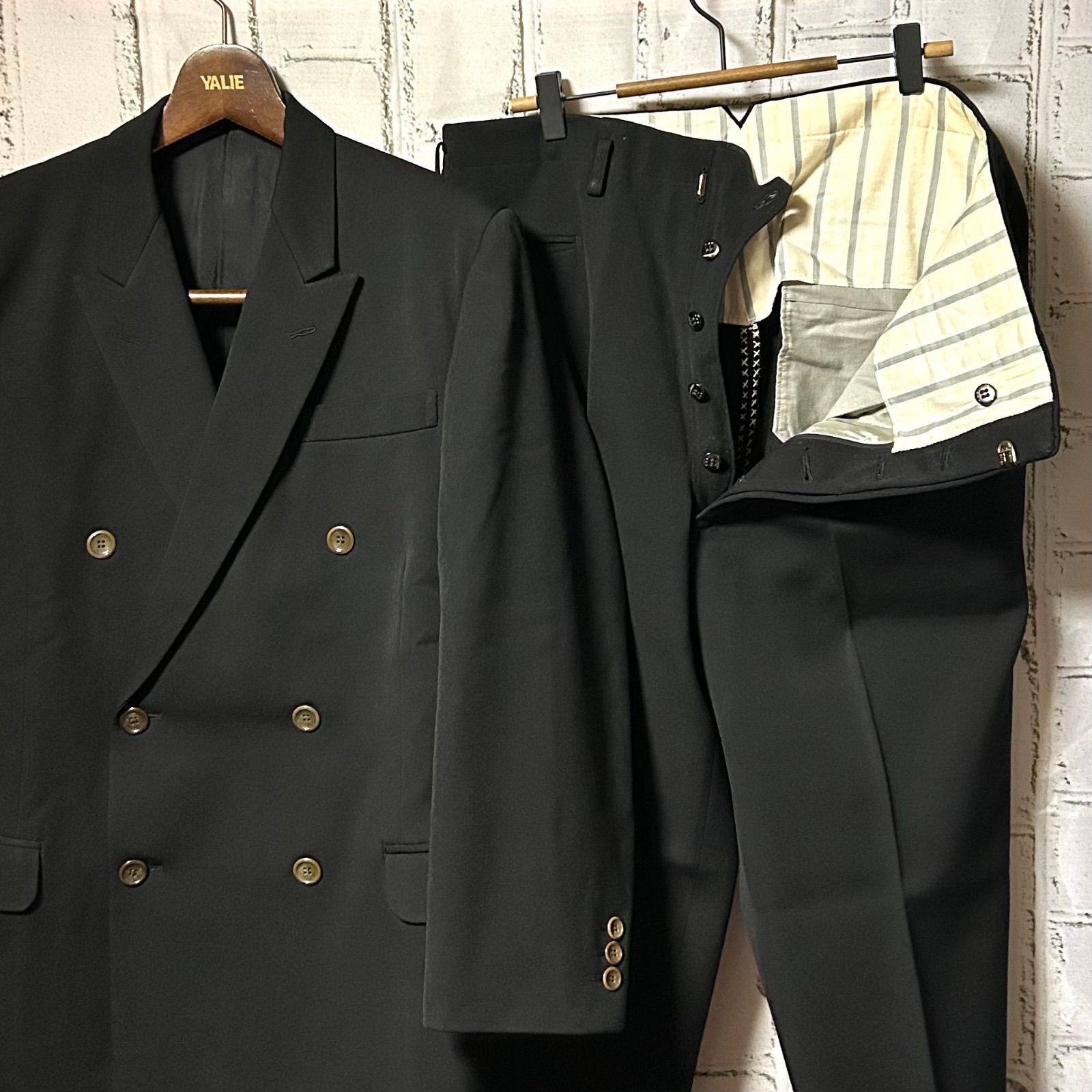 60S 70S ジャパンヴィンテージ セットアップ 2ピース ダブル スーツ 無地 ブラック 黒 L相当 ゆったり 大きいサイズ ハイウエスト ジャケット スラックス 1タック 春 秋 冬 クラシカル フォーマル 冠婚葬祭 成人式 結婚式 菅田将暉 横浜流星