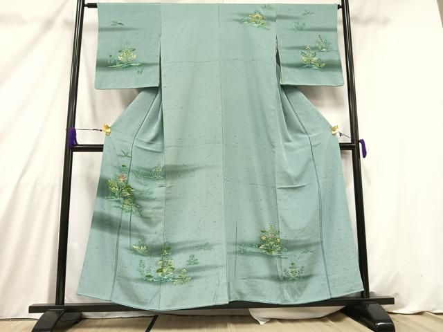 平和屋着物□訪問着 紬地 手描き 草花文 暈し染め 金彩 正絹 逸品