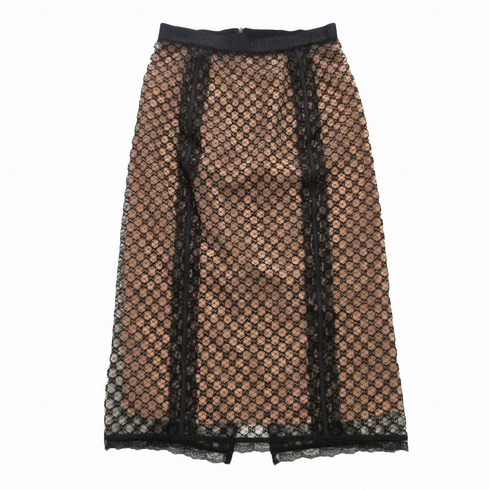 GUCCI グッチ 22AW GG柄 レース ネット スカート タイト ひざ丈 ベージュ ブラック 678193 XUADT サイズL レディース