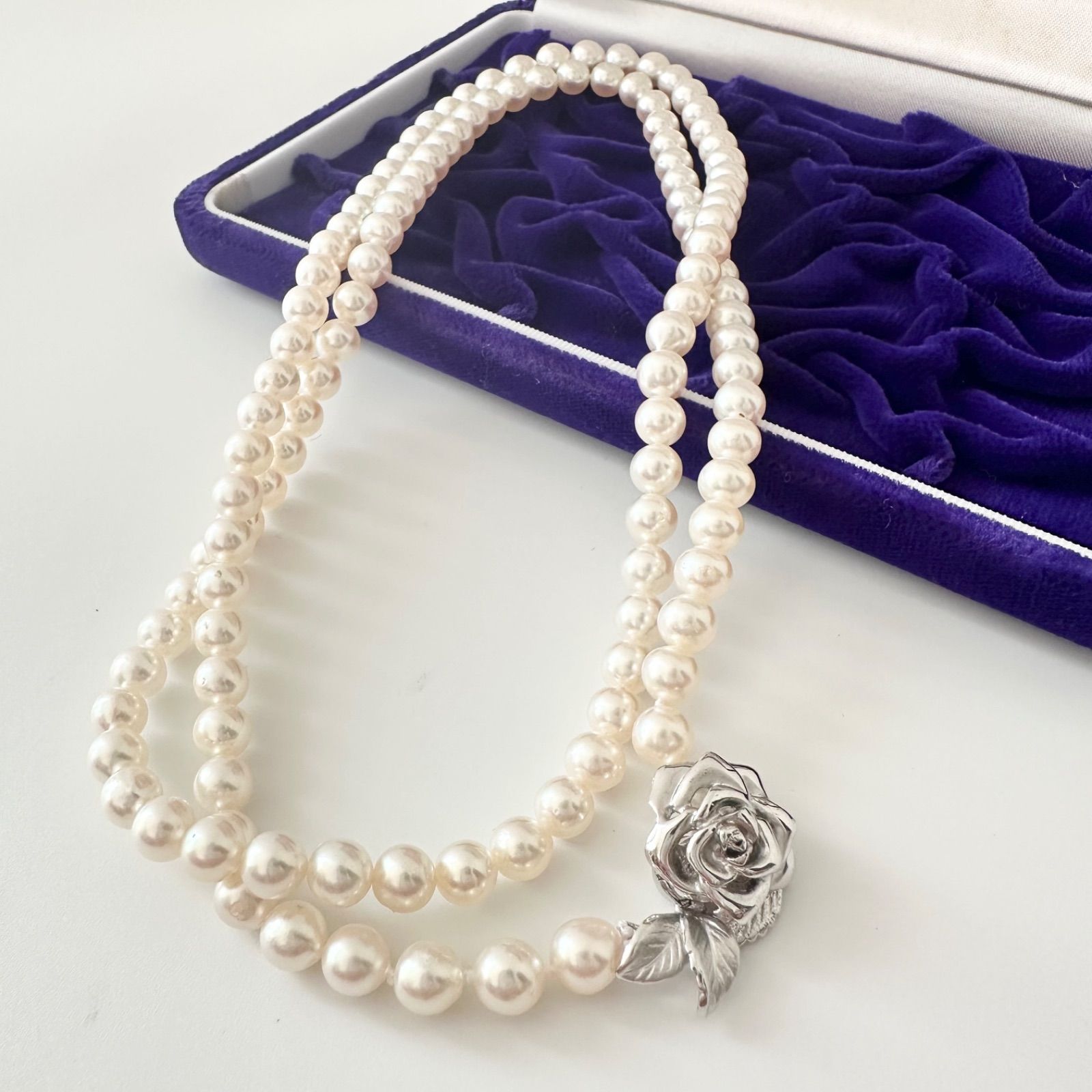 本真珠 あこや真珠 7mm シルバー刻印 薔薇モチーフ ロング