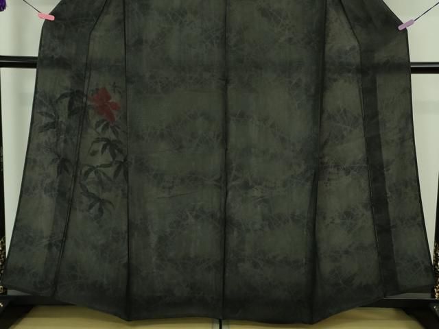 平和屋着物□極上 訪問着 無双 紗袷 紗×絽 手描き ハイビスカス 黒地