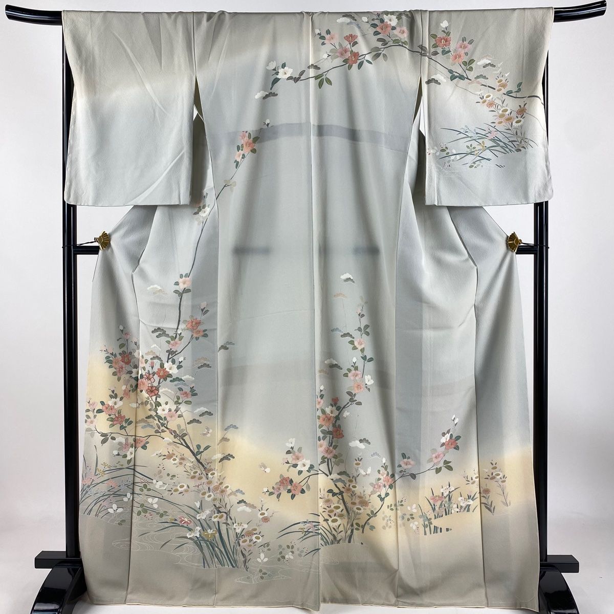 訪問着 身丈170cm 裄丈68cm L 袷 椿 蝶 金銀糸 染め分け 青灰色 正絹 秀品