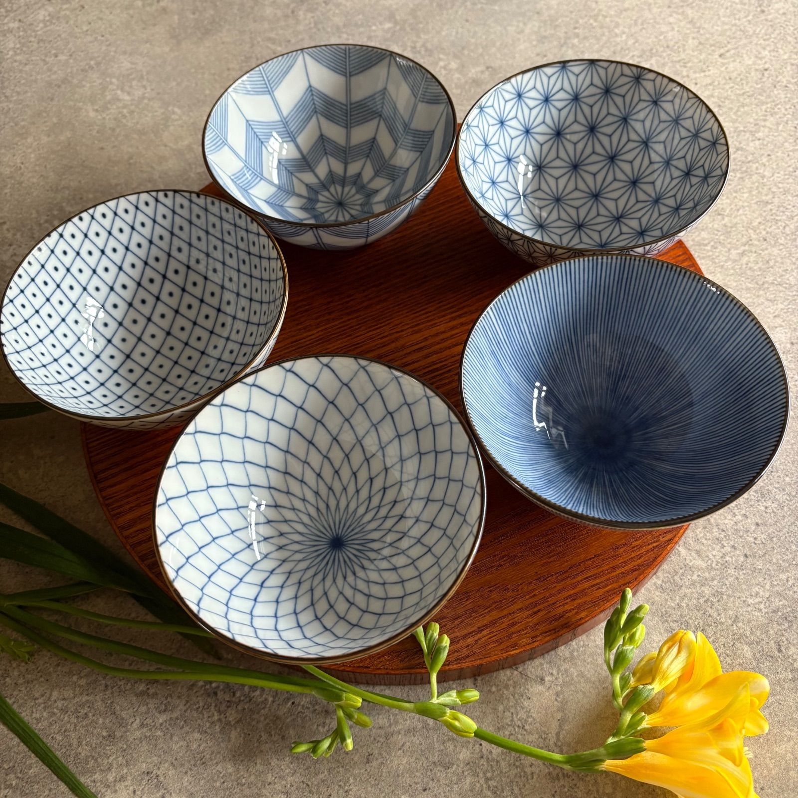 美濃焼 飯碗 5個セット 五客揃 総柄 内絵 外絵 網模様 十草 矢絣