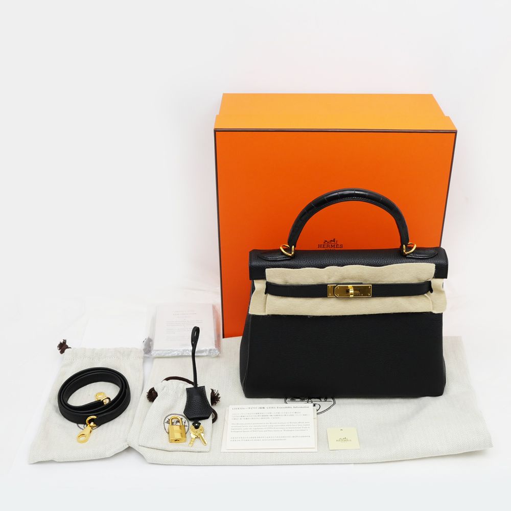 エルメス  ケリー28 タッチ D刻印 内縫い SV金具 トゴ/アリゲーターマット ゴールドショルダーバッグ レディース 28 HERMES - エルメス ケリー28 タッチ D刻印 内縫い SV金具 トゴ