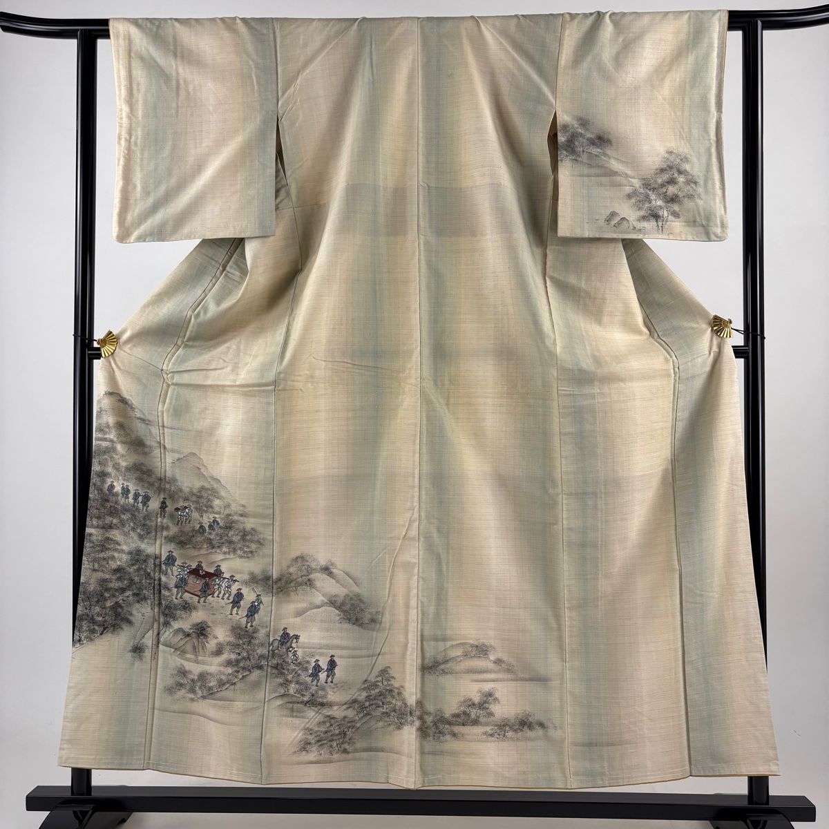 付下げ 身丈156cm 裄丈61cm S 袷 紅花紬 証紙 風景 人物 彩 ベージュ 正絹 名品