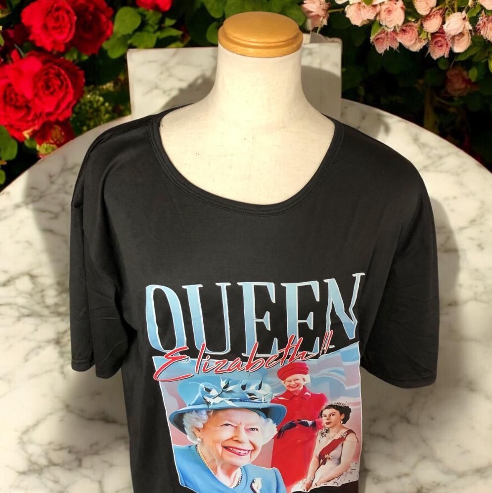 UKレジェンド】エリザベス女王 Tシャツ ブラック 2XL相当 英国王室