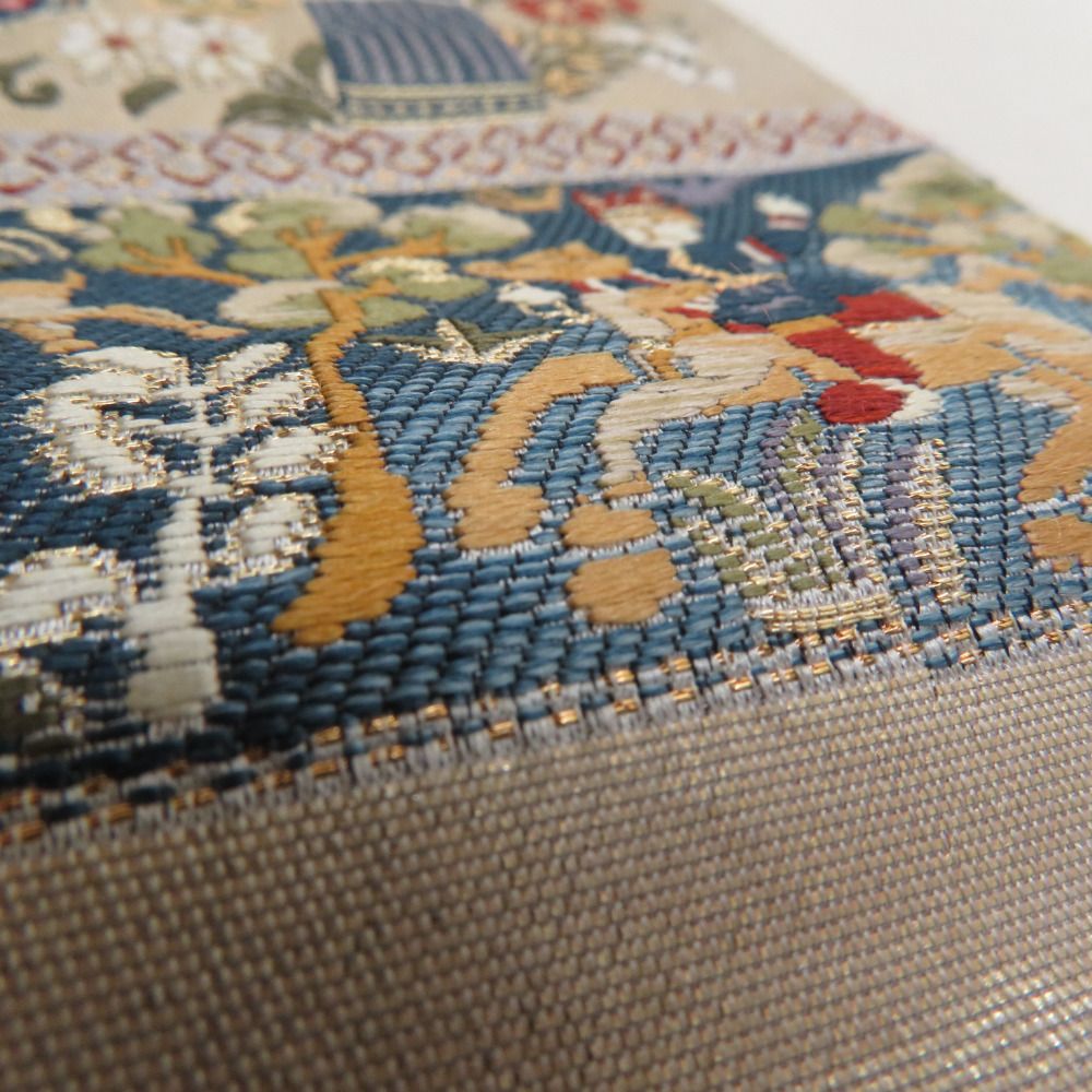 袋帯 北欧壁画文様 六通柄 金糸銀糸 エスニック調 ベージュ色x緑色x