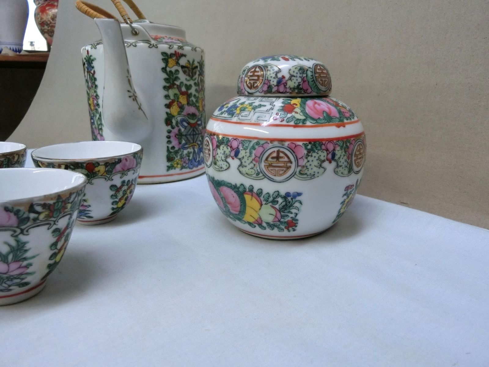 急須 湯飲茶碗 茶入 色絵紋 3種茶器セット 中国】 茶托 アンティーク 