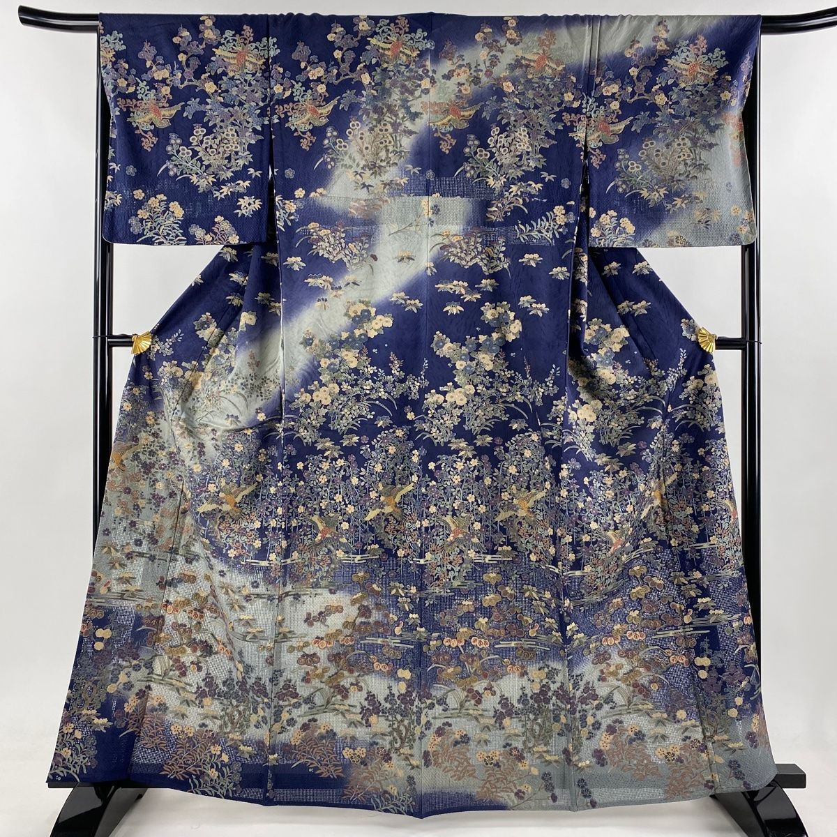 訪問着 身丈161cm 裄丈67.5cm L 薄物 鳥 草花 刺繍 金糸 紺色 正絹 一つ紋