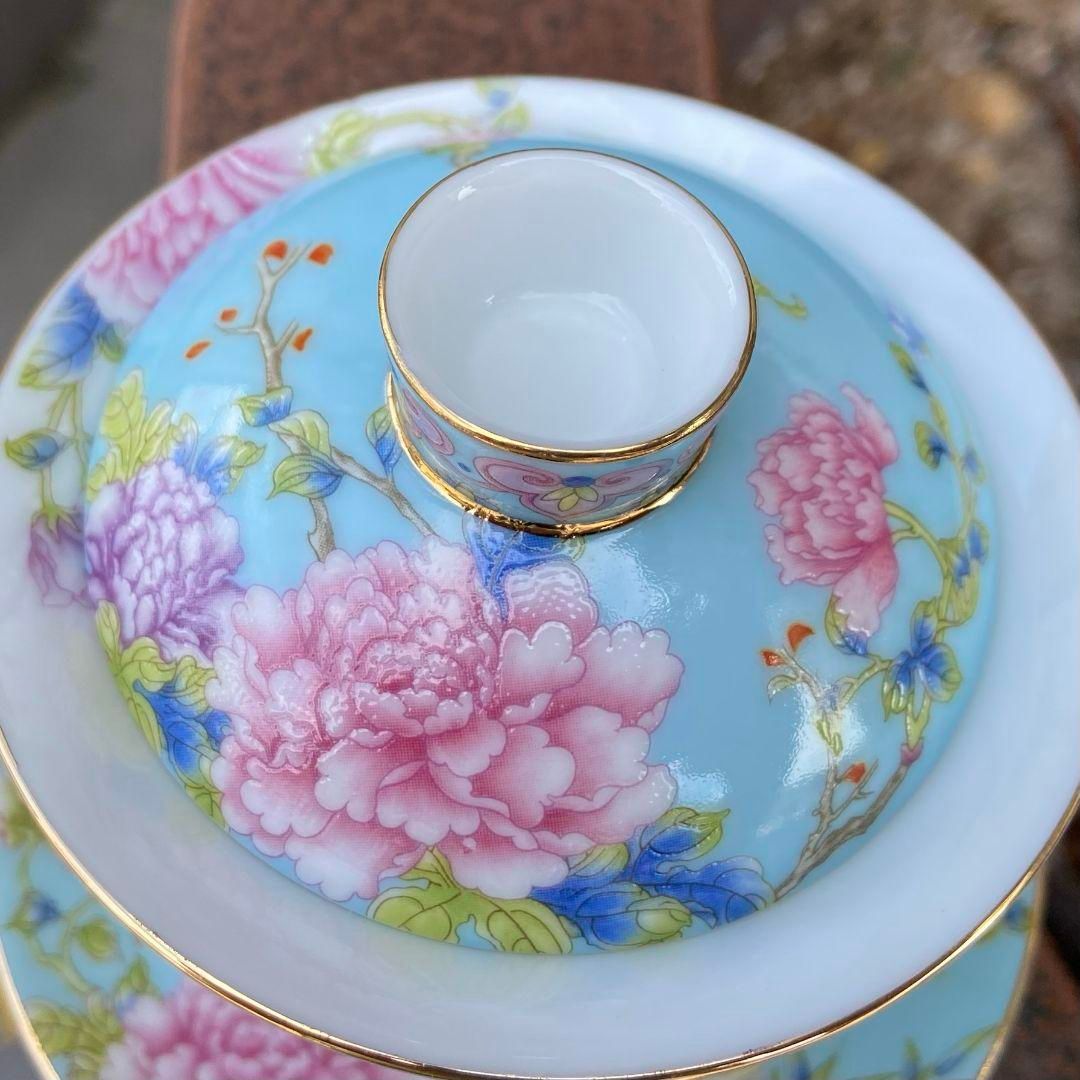 中国茶器 青花釉下寿桃三才蓋碗 茶器 茶碗 景徳鎮 未使用品
