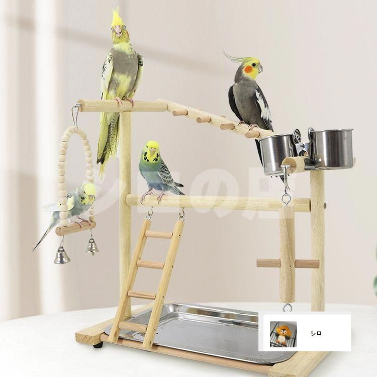 木製鳥用スタンド スイング付き 餌入れ2個*3 止まり木 バードスタンド