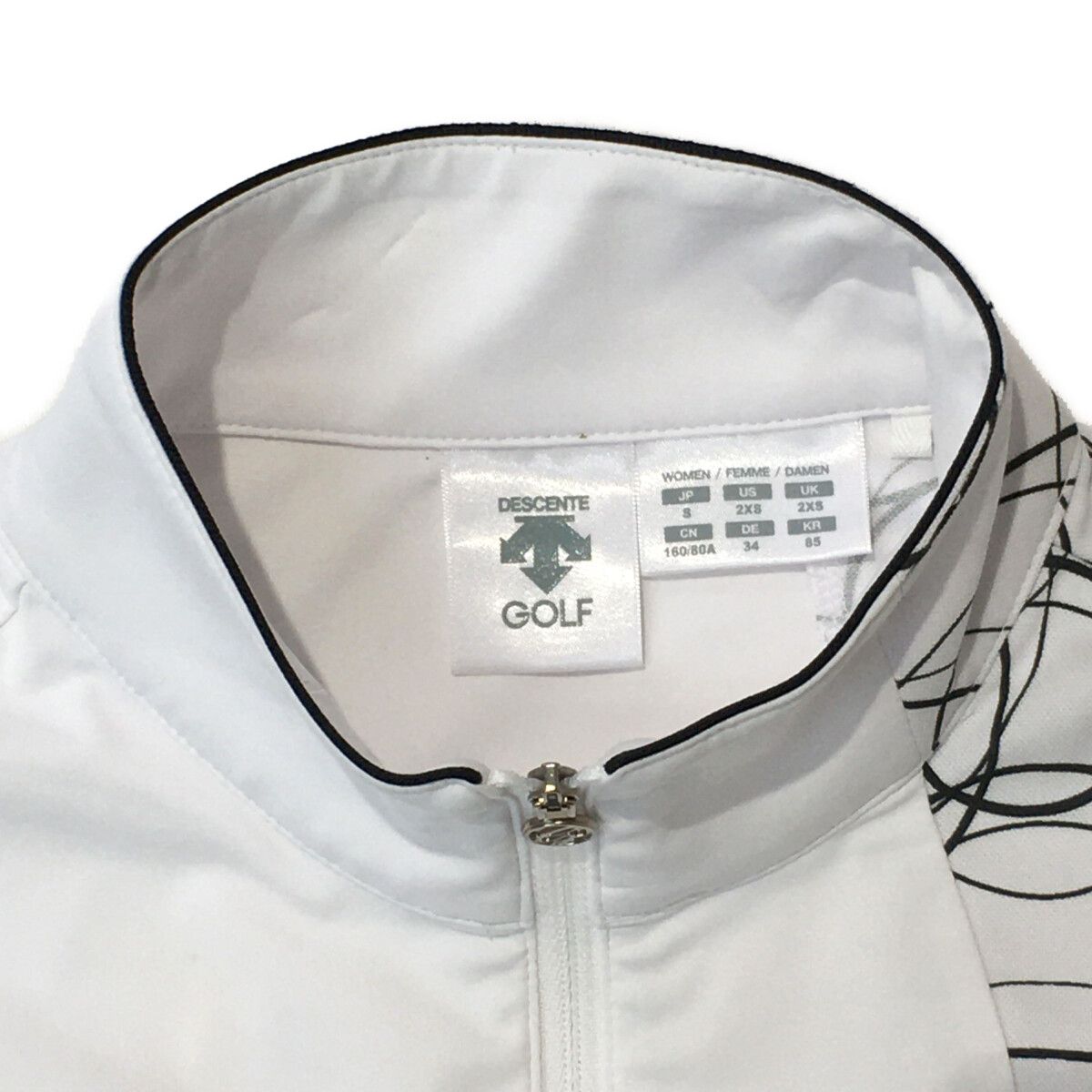 coco 中古 デサントゴルフ DESCENTE GOLF レディース 半袖シャツ S 白 ホワイト ハーフジップ  和柄 枯山水柄 coco 中古 デサントゴルフ DESCENTE GOLF レディース 半袖シャツ