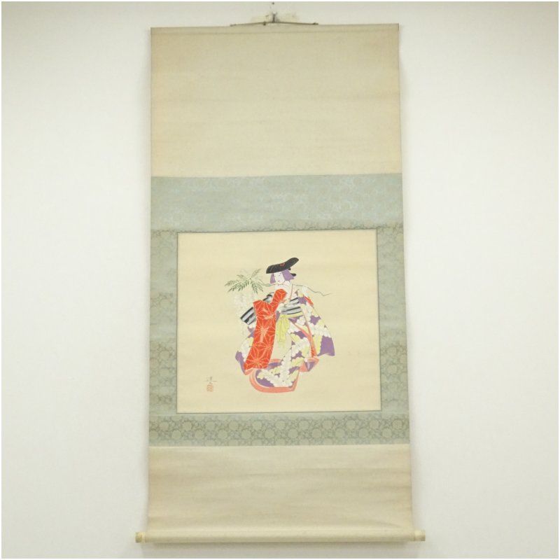 瀬川艶久筆 藤娘 肉筆絹本掛軸 保護箱 掛け軸 床の間 書 おしゃれ 絵画 表具 芸術 茶道 年中掛け インテリア 茶掛 掛物 和室