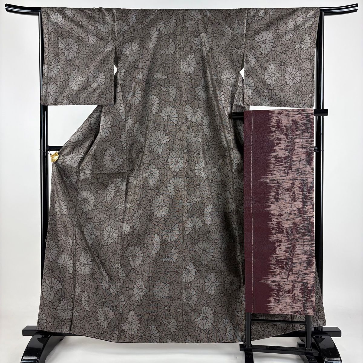 紬 身丈162cm 裄丈65.5cm M 袷 名古屋帯セット 菊 焦茶色 正絹 秀品
