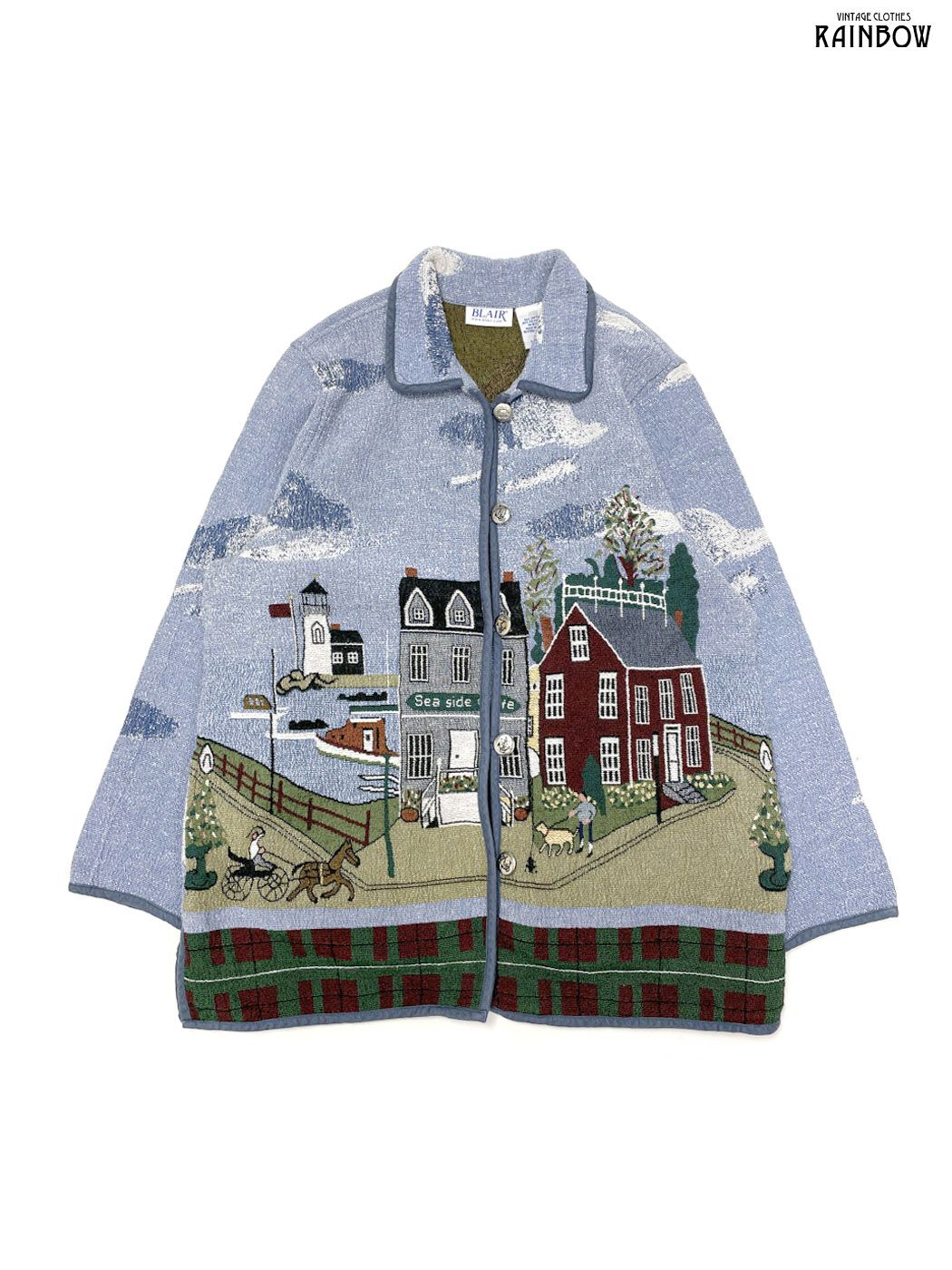 古着 BLAIR コブラン織り 前開き 総柄 コットン 長袖 アウター ライトジャケット 青 水色 ttu2510058