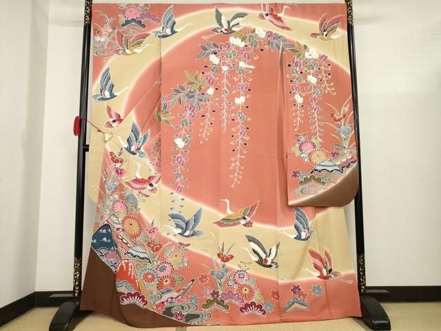 振袖 二尺袖 華やか紅型 ちりめん 着物 正絹 袷 広衿 RK-4850 平和屋着物□豪華振袖 駒刺繍 絞り 檜扇花文 金彩 正絹 逸品