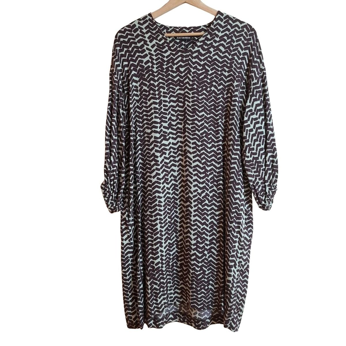 marimekko マリメッコ ワンピース サイズ36 S レディース - ライトグリーン×ダークブラウン Vネック|長袖|ひざ丈