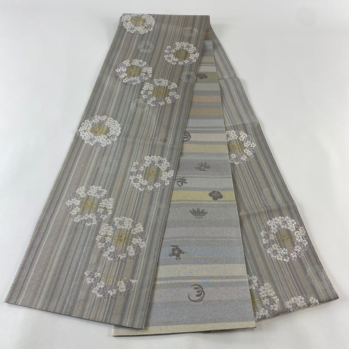 袋帯 美品 名品 やまと 桜 金銀糸 灰紫 六通 正絹 【中古