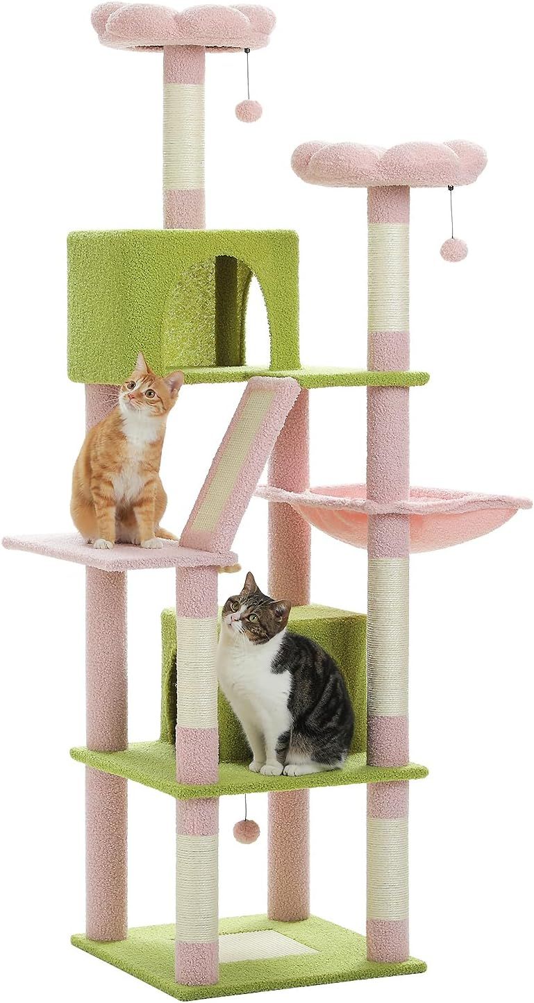 PETEPELA ぺテぺラ キャットタワー 大型猫用 スリム 多頭飼い 猫タワー 据え置き 爪とぎポール ハンモック 隠れ家 展望台 シニア 天然麻紐 サイザル麻 ポンポンおもちゃ 猫ベッド - ピンク 高さ180cm