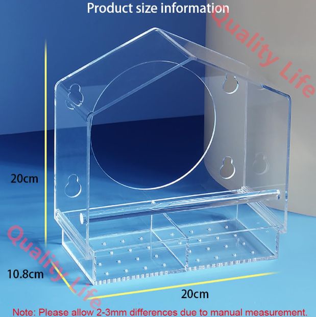 窓用鳥の餌箱 外側透明 PC プラスチック鳥ボックス 20 x 11 x 20cm 吊り下げ吸盤付き 取り外し なトレイと排水穴付き 庭 屋外 裏庭 野生動物 小鳥用