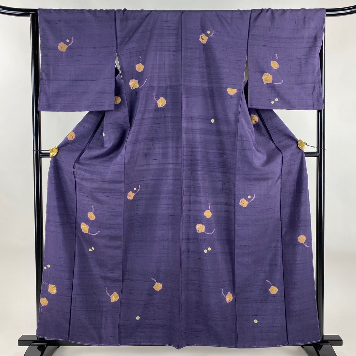 小紋 身丈160cm 裄丈67cm M 袷 紬地 幾何学 疋田 絞り 紫 正絹 名品