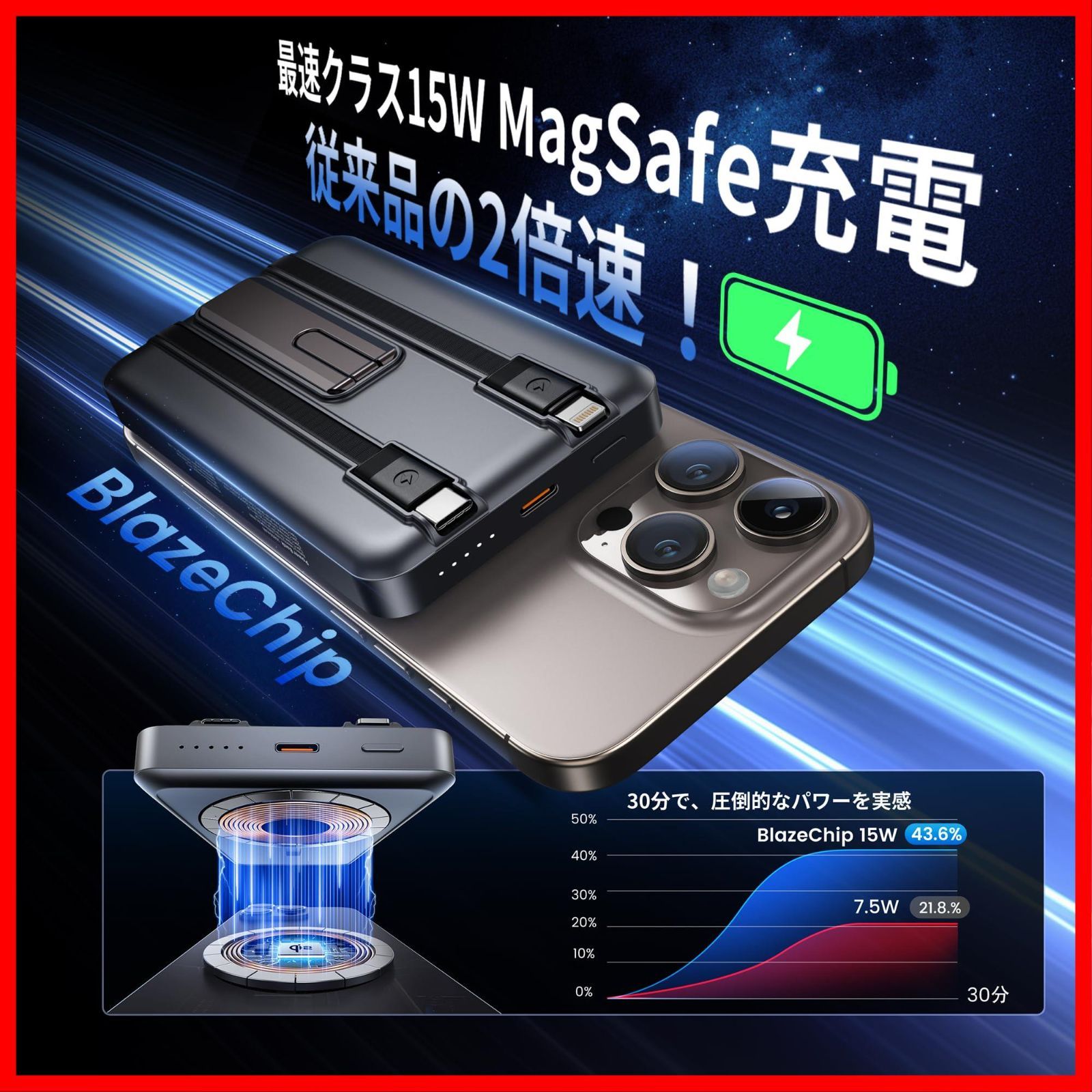 iPhone16 15 14 13 12シリーズ対応 マグセーフ充電器 コンパクト マグネット式 小型 Type-C入出力兼用 LED残量表示 機内持ち込み可 スタンド付き PD22.5W 15Wワイヤレス急速充電 旅行 出張 防災 大容量 ケーブル SKLAD-KIRPICHA_RU