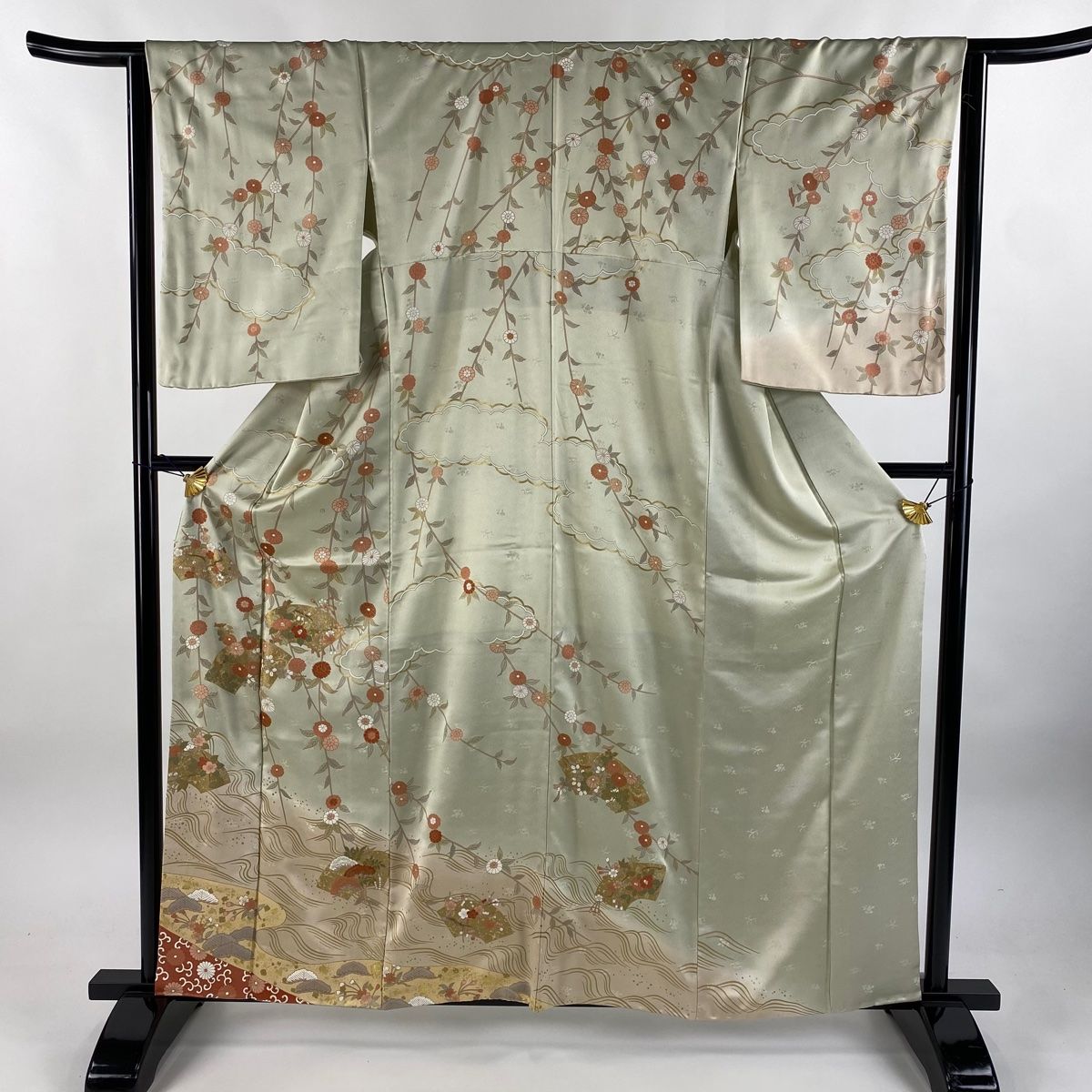 訪問着 身丈161cm 裄丈64cm M 袷 扇面 菊 金彩 染め分け 灰緑 正絹 秀品