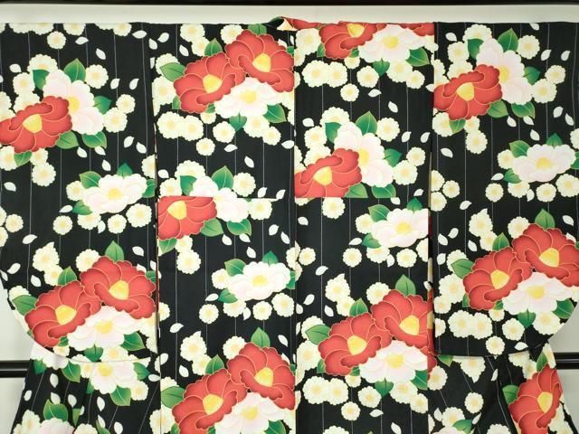 平和屋着物●二尺袖 小振袖 舞桜 椿 黒地 洗える着物 DAAY1014ps