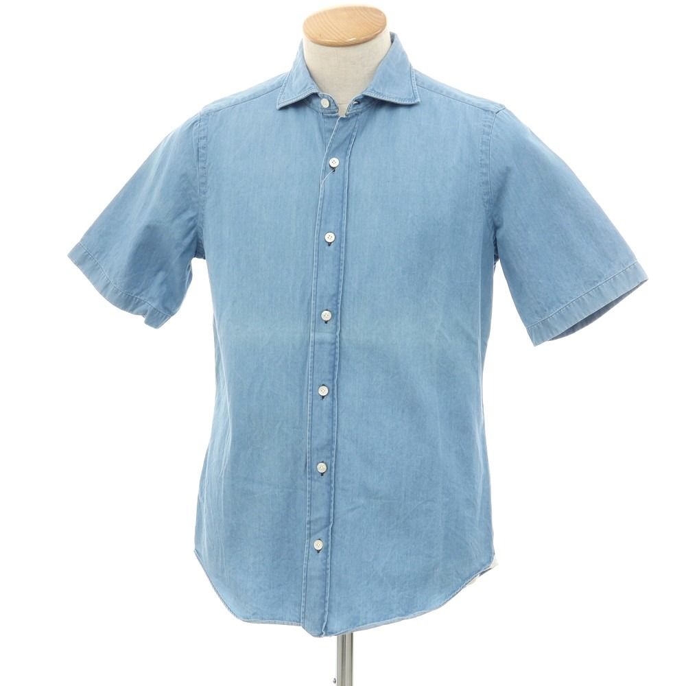 【中古】フィナモレ Finamore コットン ワイドカラー 半袖シャツ ライトブルー【サイズ38】【メンズ】