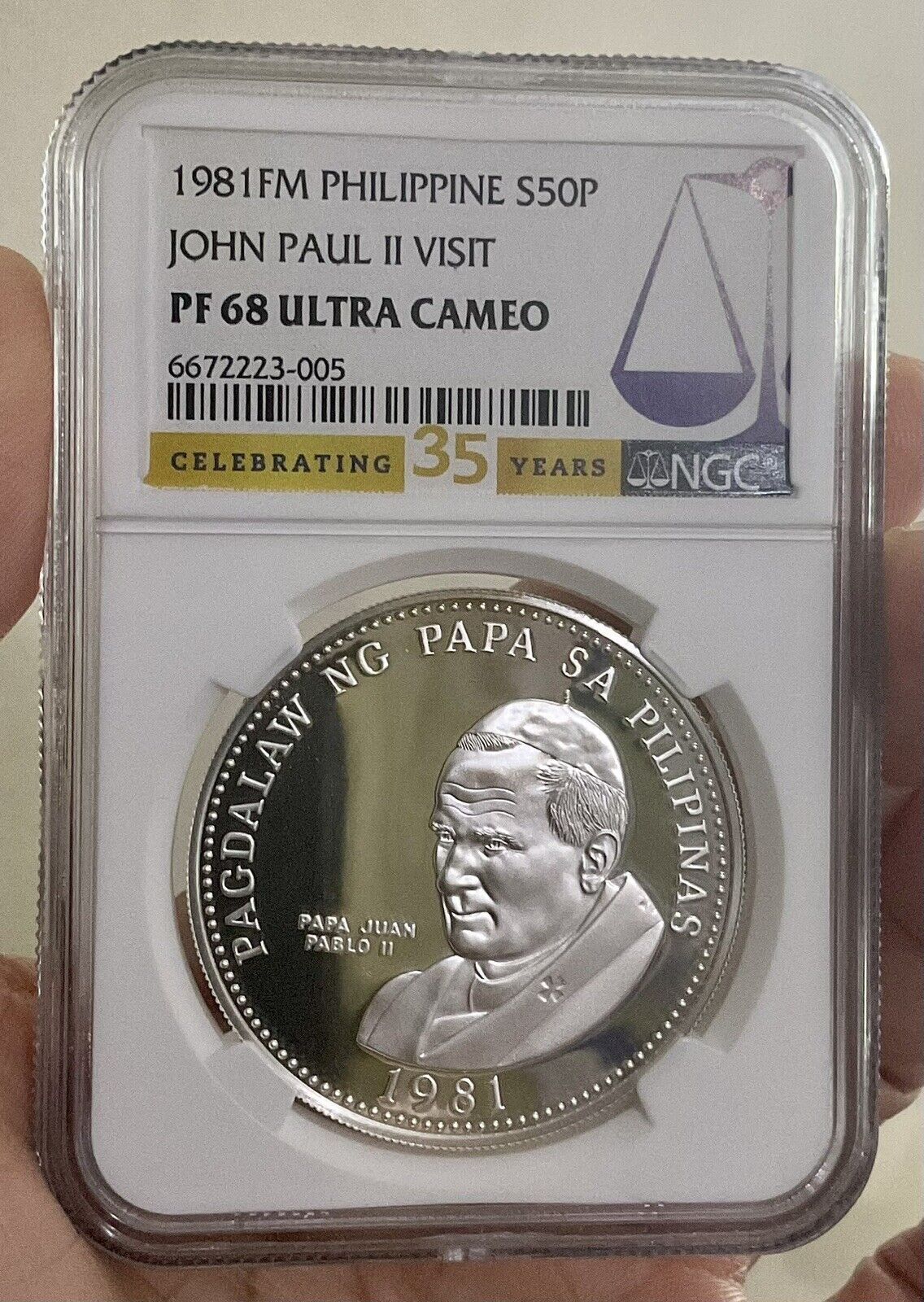 1981 Philippines John Paul NGC S50P PF68 UC Silver Coin