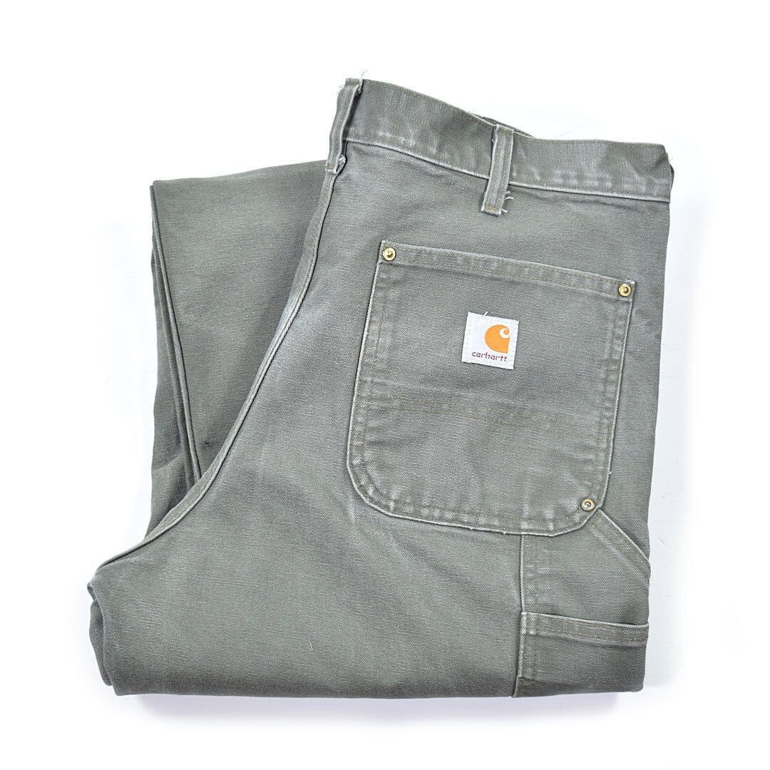 カーハート USA製 ダブルニー ニーパット入り ダック地 ペインターパンツ モスグリーン ワークパンツ CARHARTT メンズW34相当 古着 @EZ0795