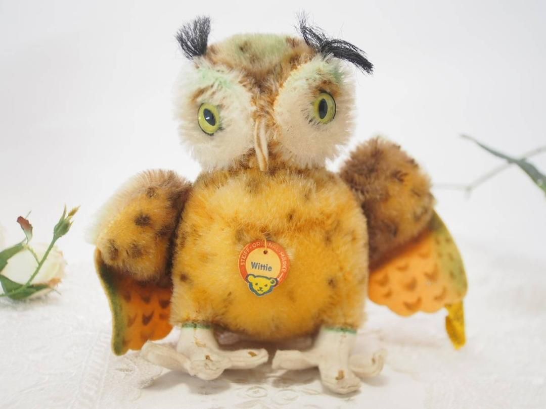 送料無料 シュタイフ Owl Wittie 14cm オールID完品 フクロウのウィッティ|梟 ビンテージ|アンティーク Steiff|STEIFF