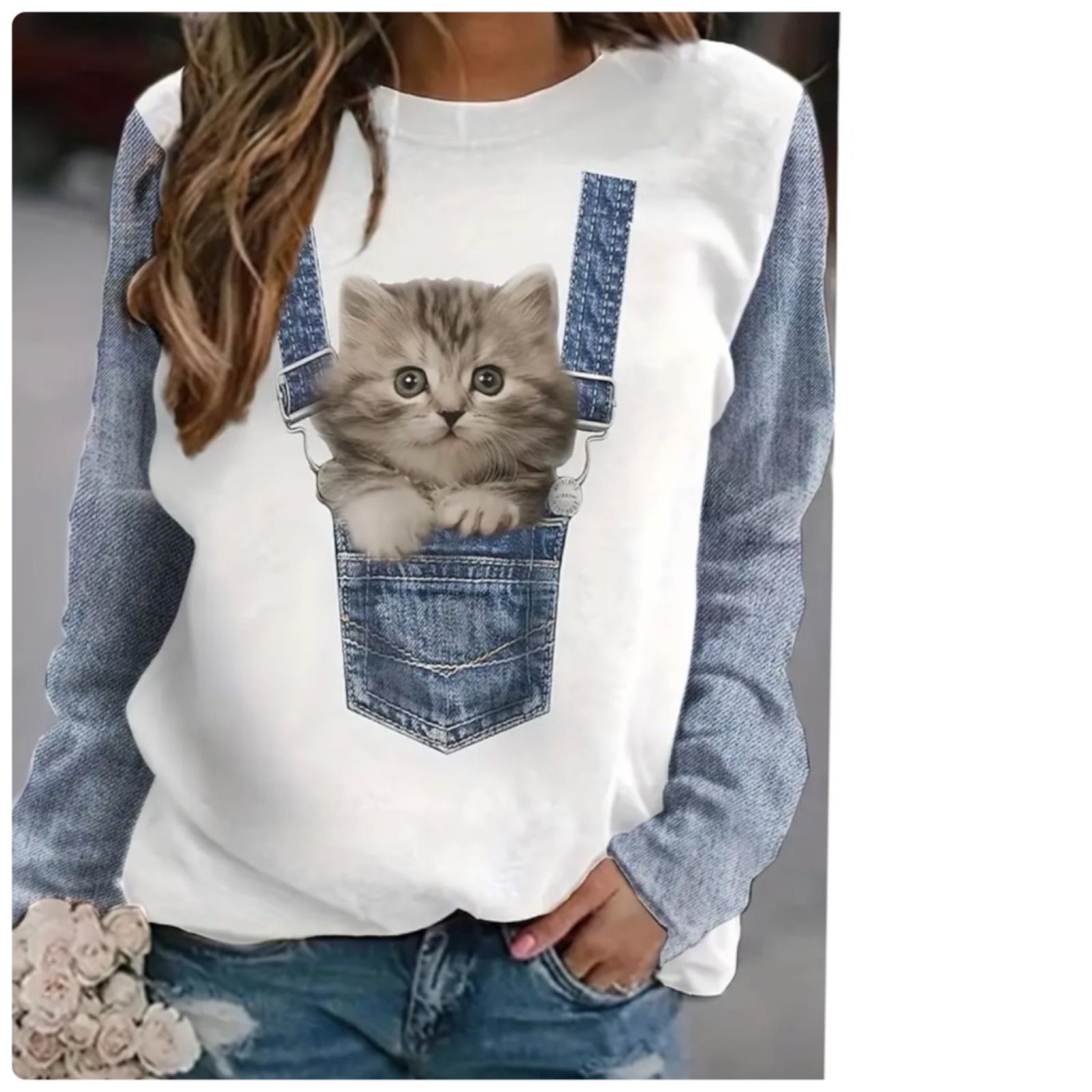 匿名配送】レディース プリントtシャツ 猫のイラスト 長袖T