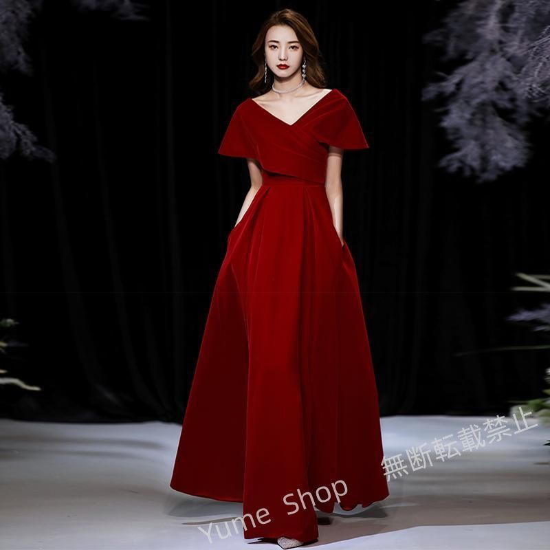 ♥ カラードレス カクテルドレス ロングドレス パーティードレス 発表会 演奏会 ステージドレス イブニングドレス ベルベット ファスナー ワインレッド フォーマル nhdw126