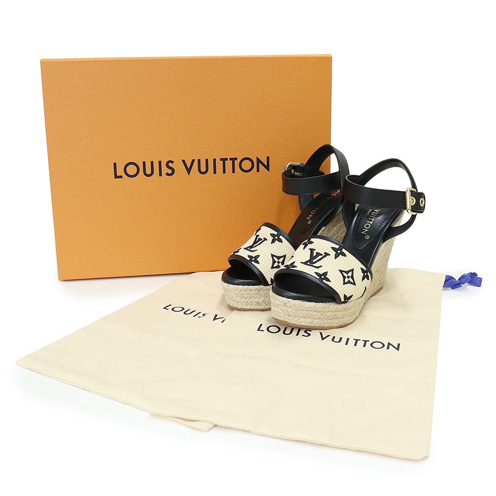 ルイ ヴィトン スターボード ライン モノグラム 刺繍 ウェッジソール サンダル 靴 36.5 23.5cm カーフスキン レザー コットン ベージュ ナチュラル ブラック ゴールド金具 1ABT1N LOUIS VUITTON ♥保管品