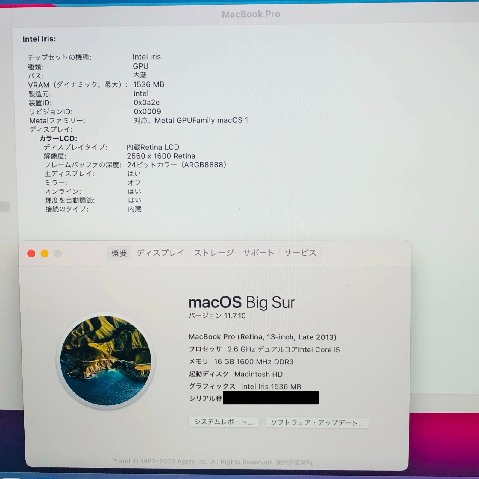 MacBook Pro 2013 13インチ i5 16GB SSD 512GB 充放電回数192回 US