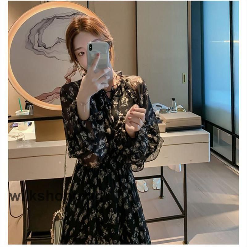 Unaca 花柄フリルロングワンピース 長袖 ブラック黒 38 シースルー 花柄 ワンピース レディース ロングワンピース 長袖