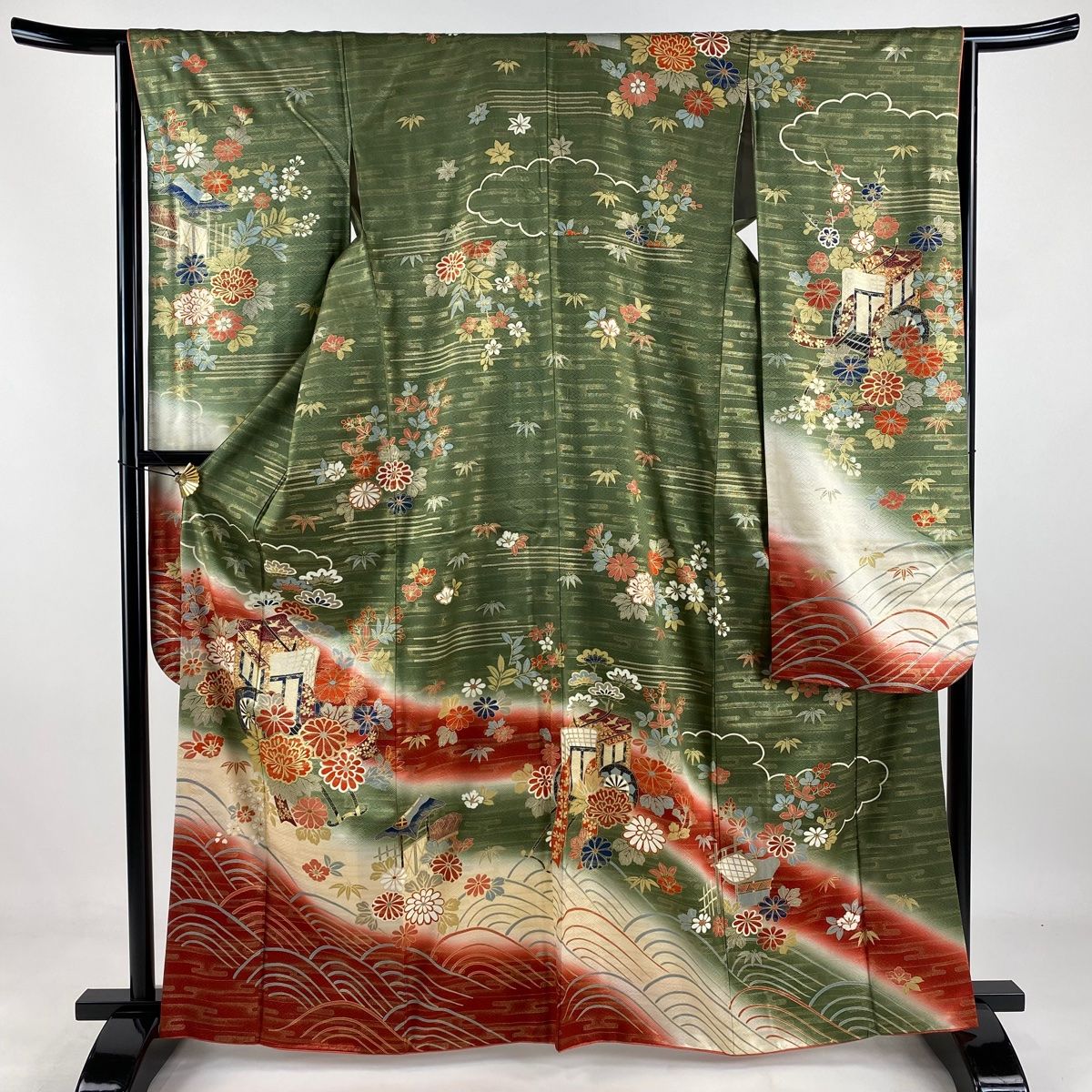 振袖 身丈164cm 裄丈64.5cm M 袷 松竹梅 御所車 金彩 ぼかし 鶯色 正絹 秀品