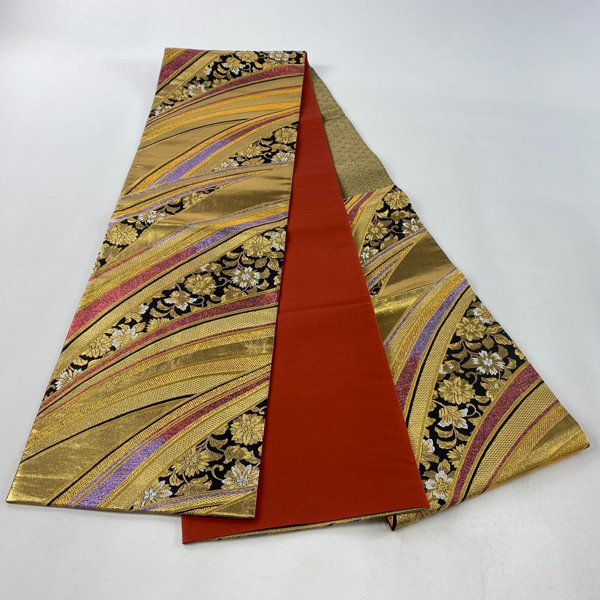 袋帯 美品 名品 段縞 七宝 茶紫 六通 正絹 中古 名古屋帯 美品 秀品 草花 七宝 唐織 灰紫 正絹 中古 袋帯 美品