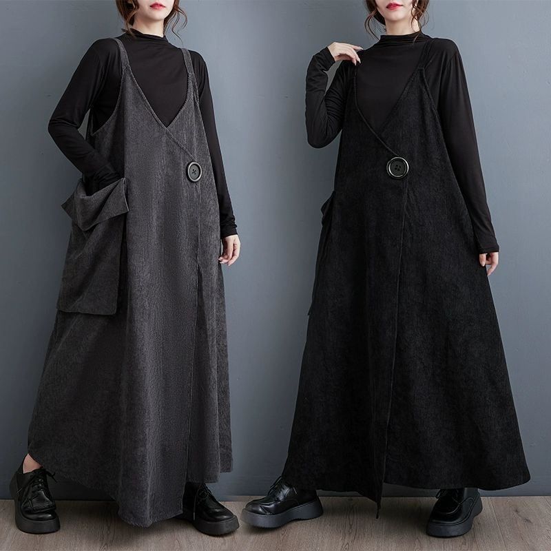 モード系　ソリッド　オールインワン　キャミ　サロペット　個性　コーデュロイ　Aライン　ロング　キャミドレス　個性