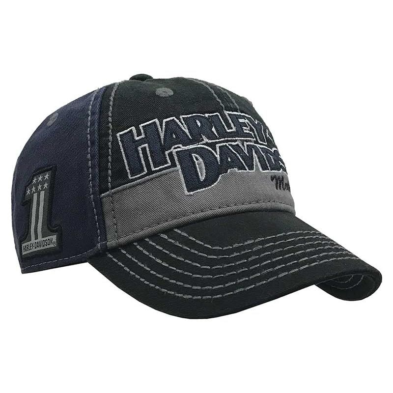 Harley-Davidson メンズ チェーンステッチ カーブ 調整可能 カラーブロック ベースボールキャップ ブルー Free Size 0