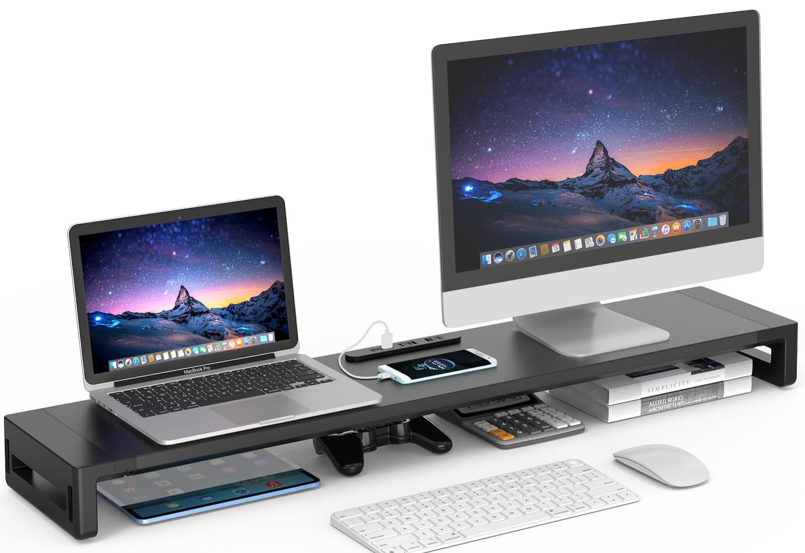 大 EAYHM デュアル モニター台 USB口 2口コンセント付き 机上台 2画面ディスプレイ 台 幅3段階 100 110 cm 可変モニタースタンド ノートパソコン プリンター iMac タブレットパソコンに適用 金属製